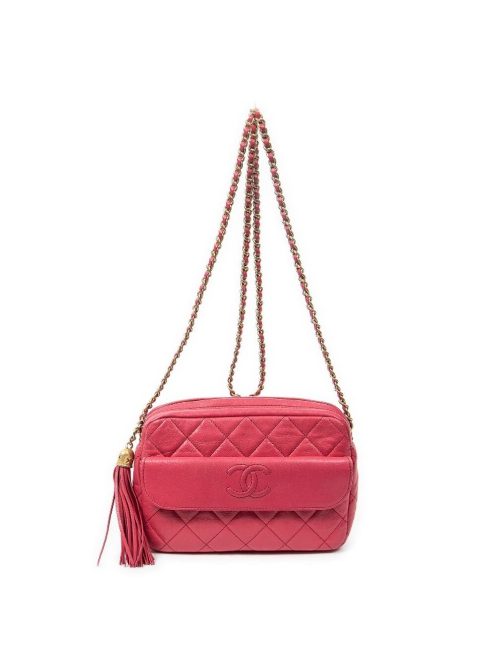 Chanel CC Logo Fringe Chain Shoulder Fuchsia Pink Quilted Lambskin Leather